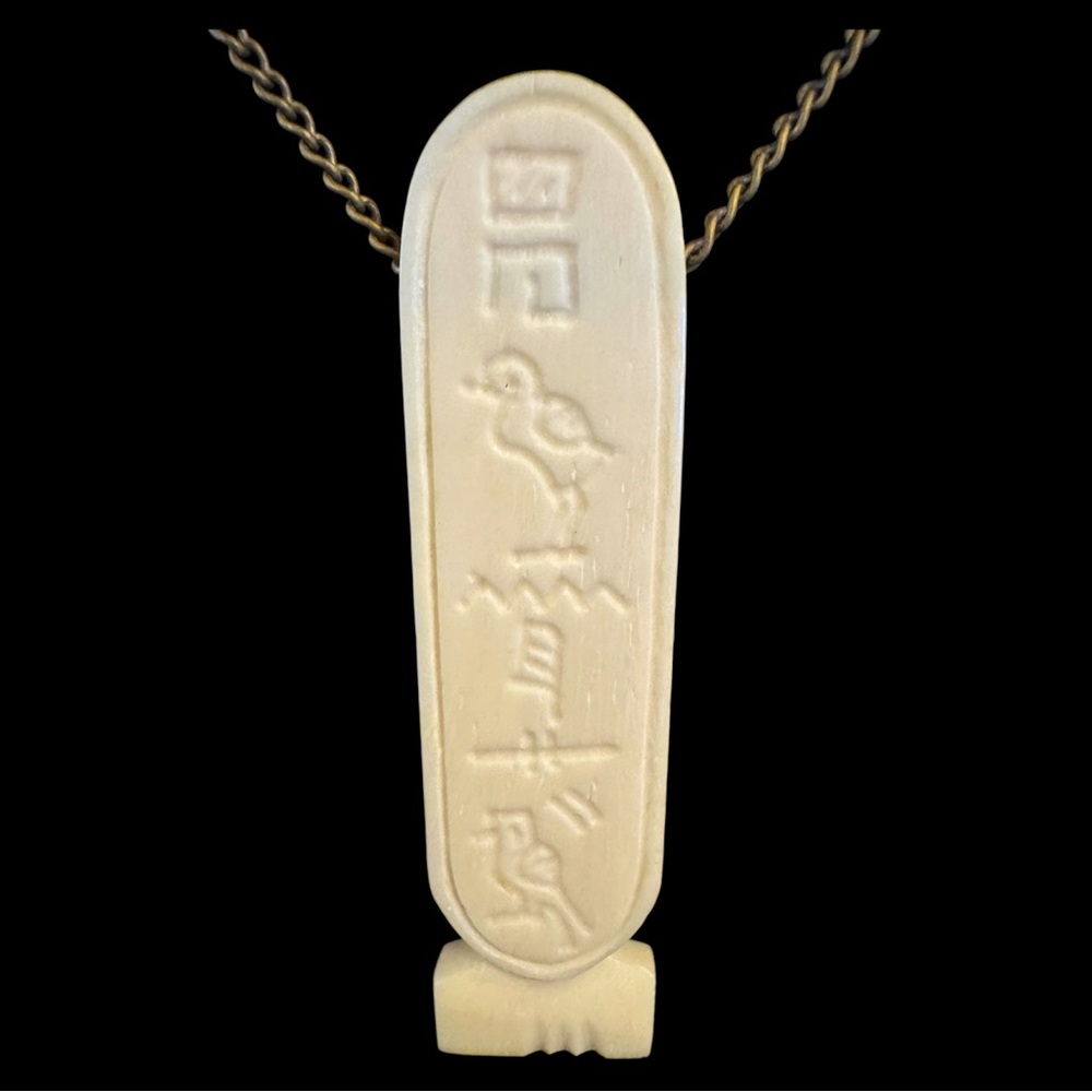 Vtg Resin Egyptian Cartouche Pendant Necklace Birds Boho Egyptophile 1970s